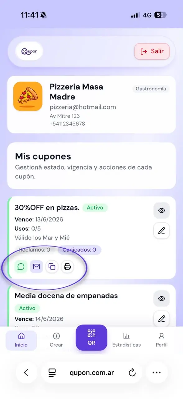 Opciones para compartir un cupón de BenefitQR