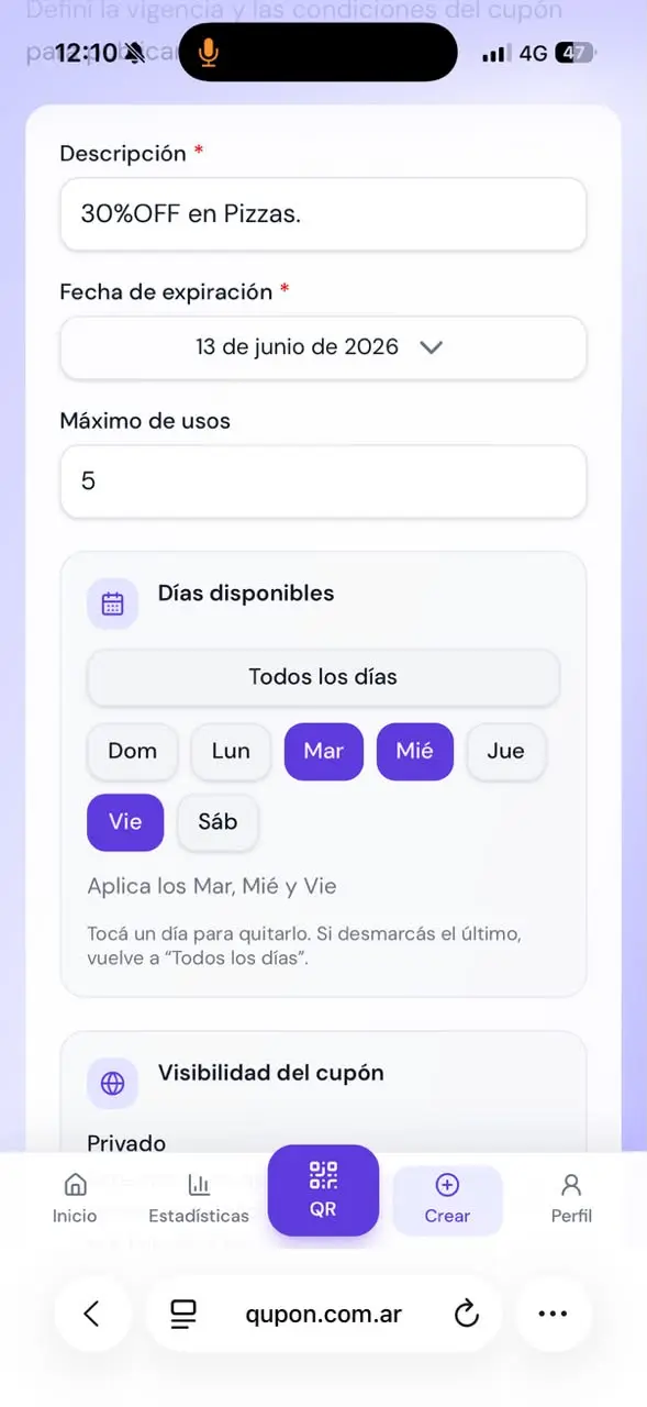 Pantalla para crear un nuevo cupón en BenefitQR