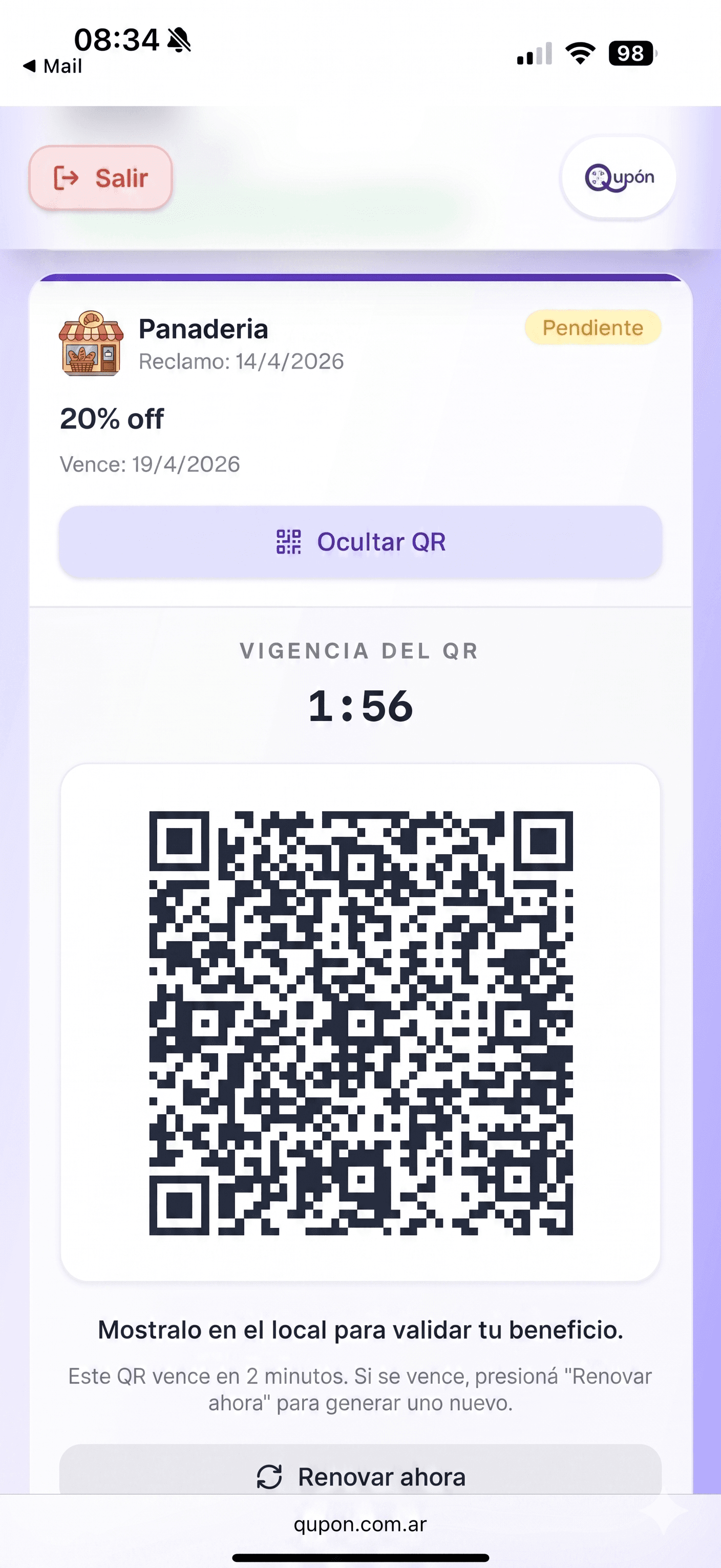 Cliente generando su QR para mostrar en el negocio