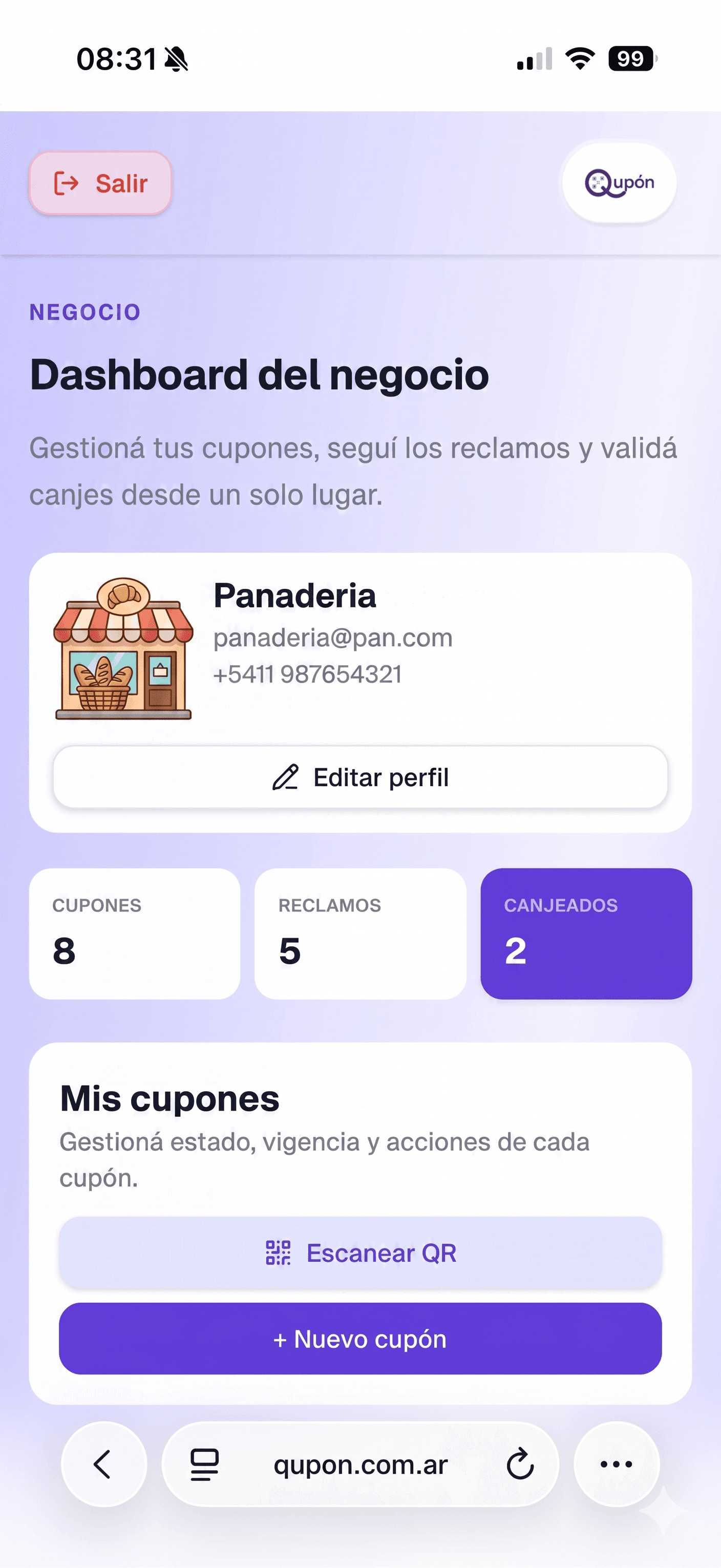 Vista del dashboard de BenefitQR en un iPhone