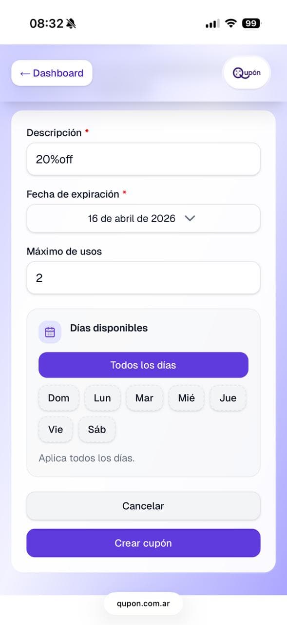 Pantalla para crear un nuevo cupón en BenefitQR